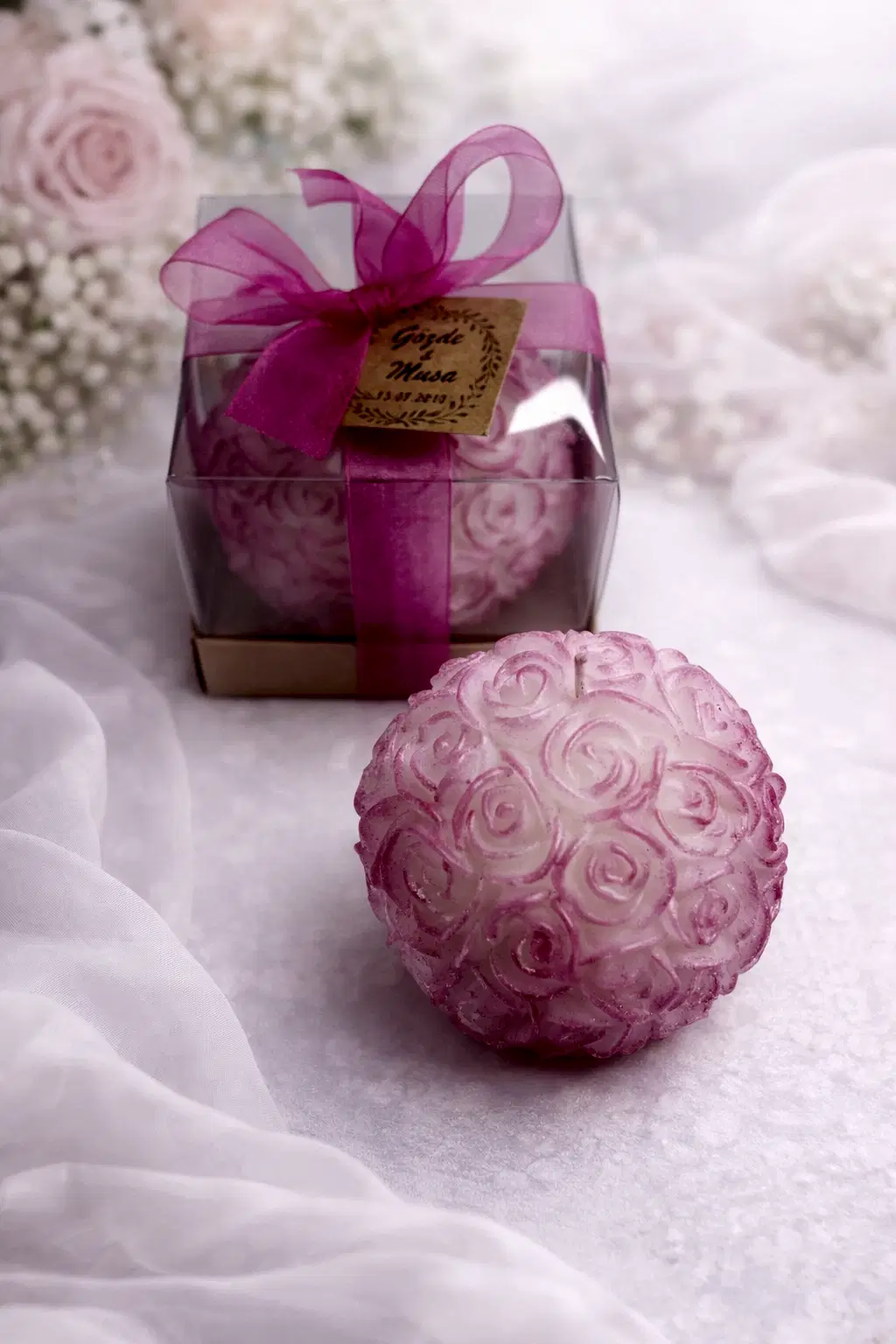 Büyük Top Gül Mum Yaldız Boyalı 