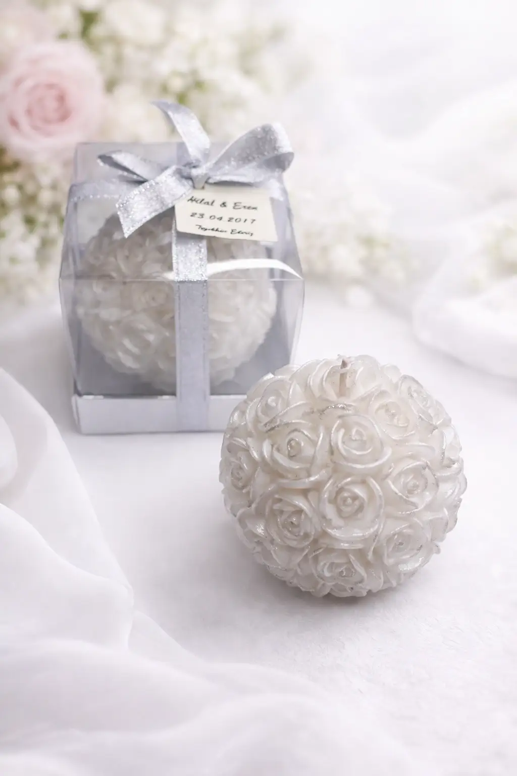 Büyük Top Gül Mum Yaldız Boyalı 