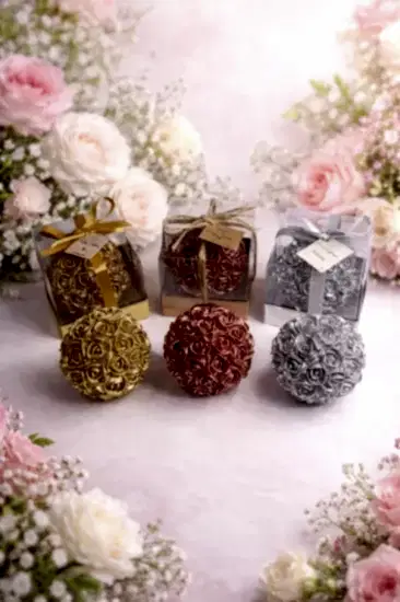 Büyük Top Gül Mum Üçlü Set | Dekoratif Mum