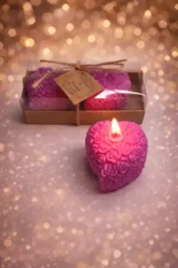 Kalpli Sırma Gül Mum İkili Set  | Nişan Hediyesi