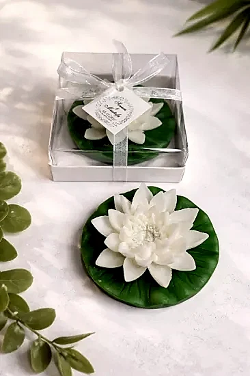 Nilüfer Çiçekli Mum | Nikah Şekeri Mum Hediyeliği